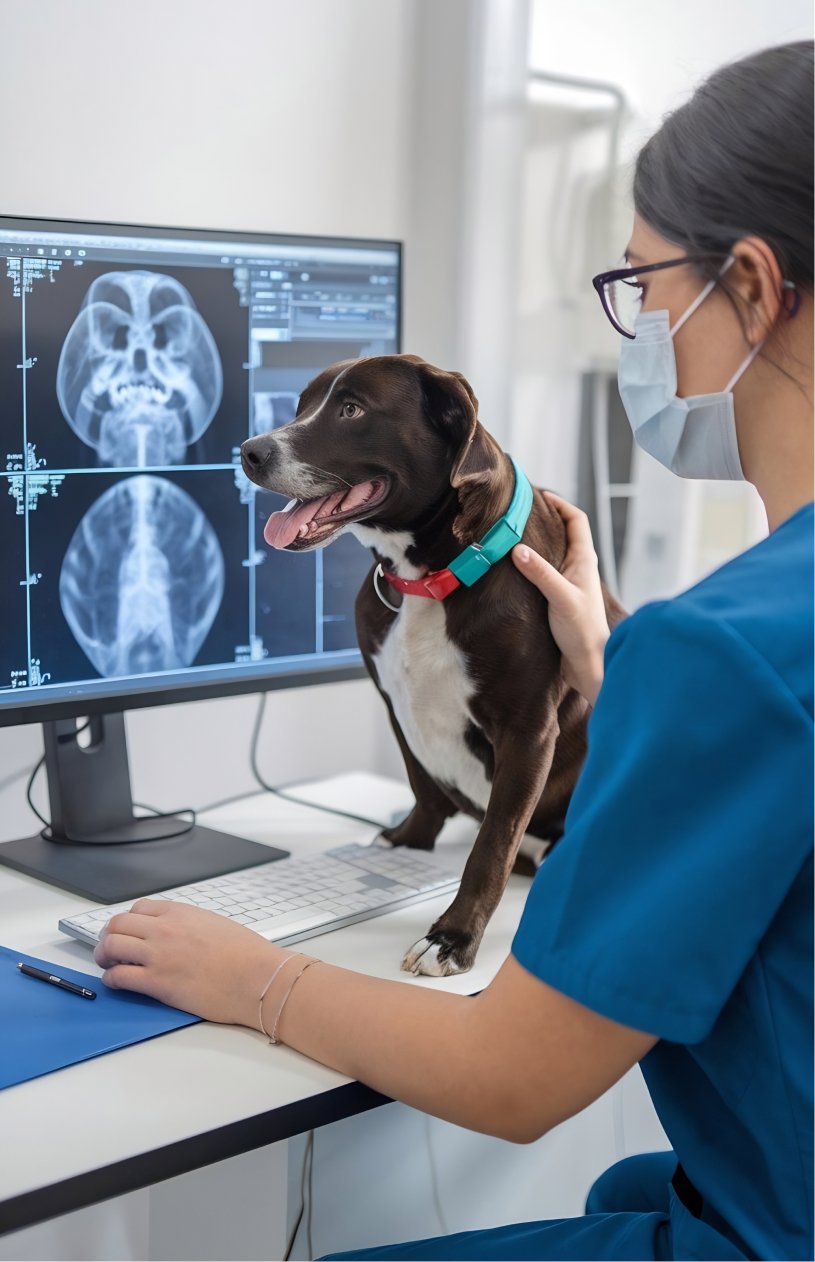 Veterinaria examinando resonancia cerebral de un perro